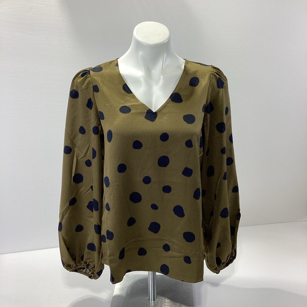 G by Giuliana Olive and Navy Dot Blouse Size S Textured Satin Puff Sleeve Casual